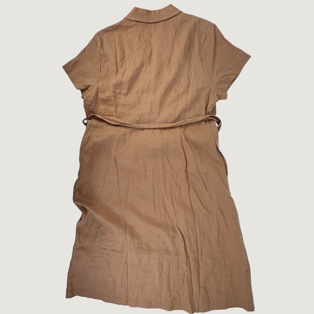 Quince Linen Shirt Dress Womens XL Brown Short Sleeve Button Front Midi Belted - Picture 5 of 9
